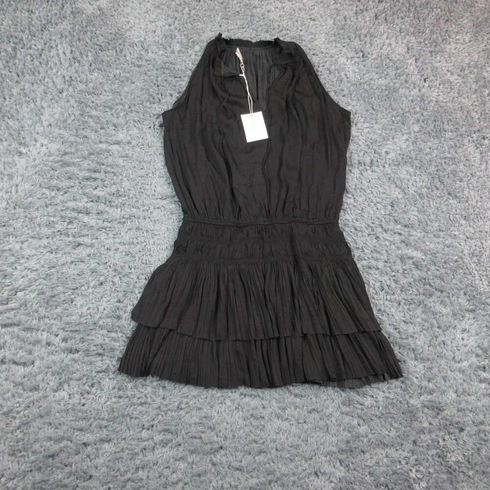 Rielle Dress Womens Large Black High Neck Tiered Ruffle Chiffon Fit & Flare NWT